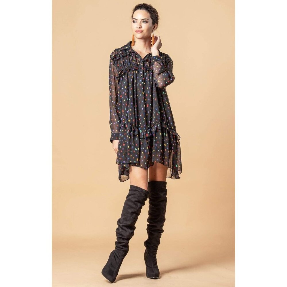 Eva Franco Black Sheer Midi Dress with Multicolor Dot Print
